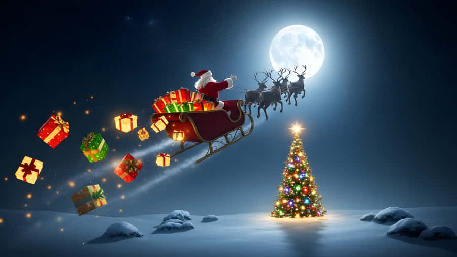 Santa Claus Flying With Reindeer And Gifts At Night Wallpaper