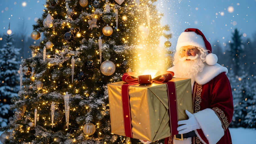 Santa Claus Holding A Glowing Christmas Gift Next To Tree Wallpaper