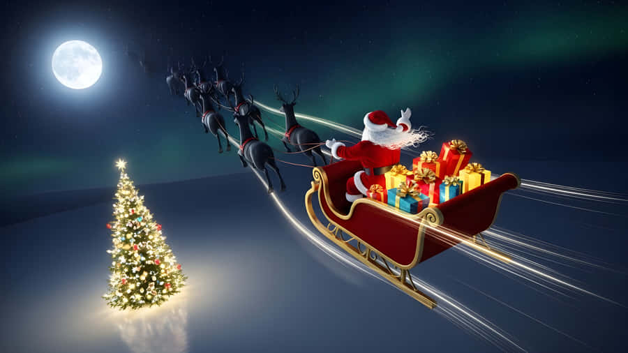 Santa Claus Sleigh Flying Past Christmas Tree At Night Wallpaper