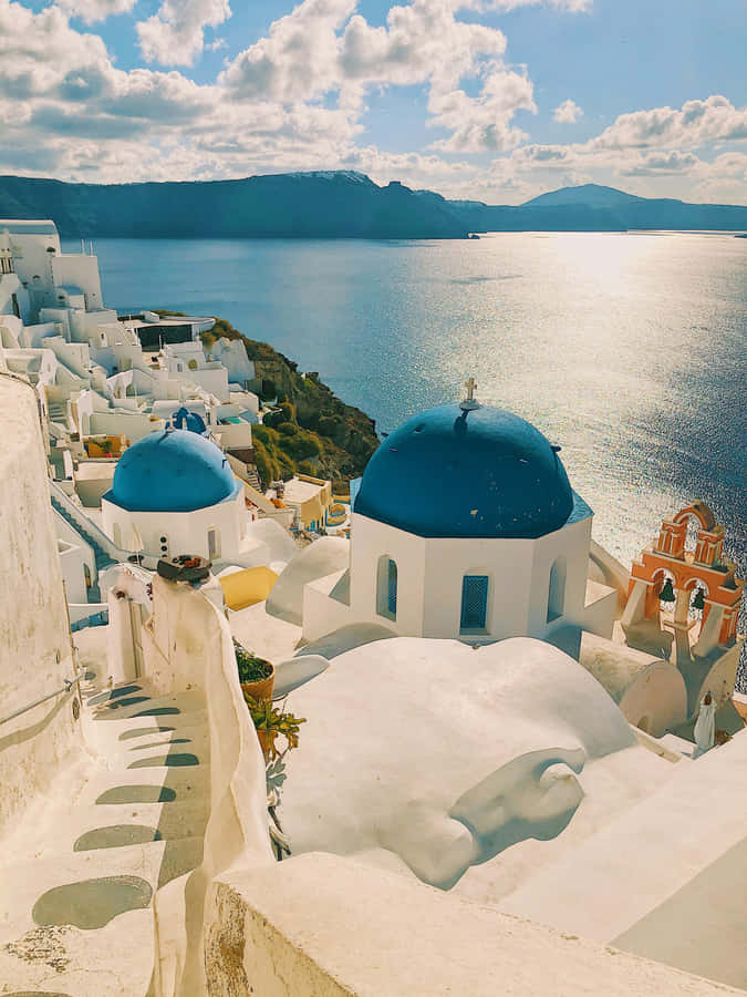 Santorini_ Blue_ Domes_ Sunshine Wallpaper