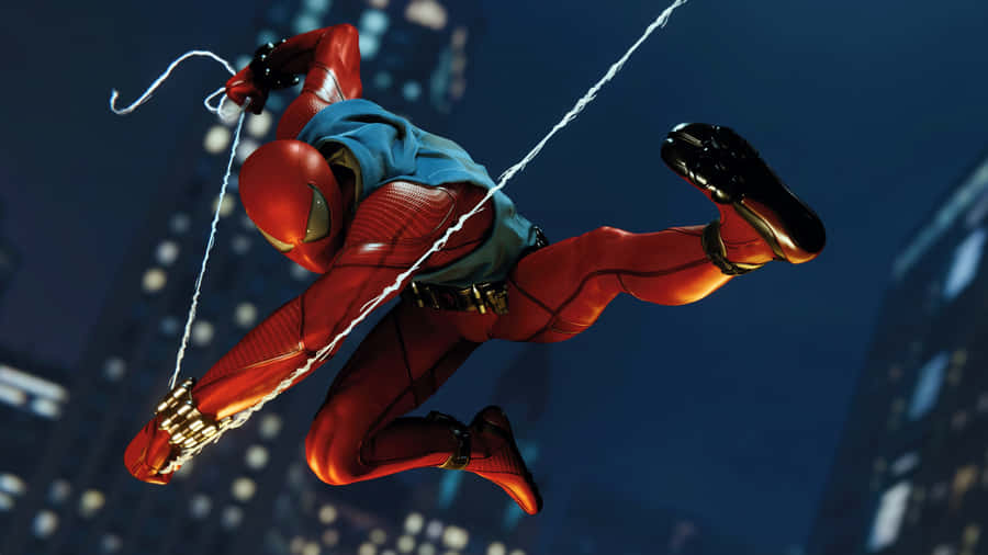Scarlet Spider Swinging Through City Night Wallpaper