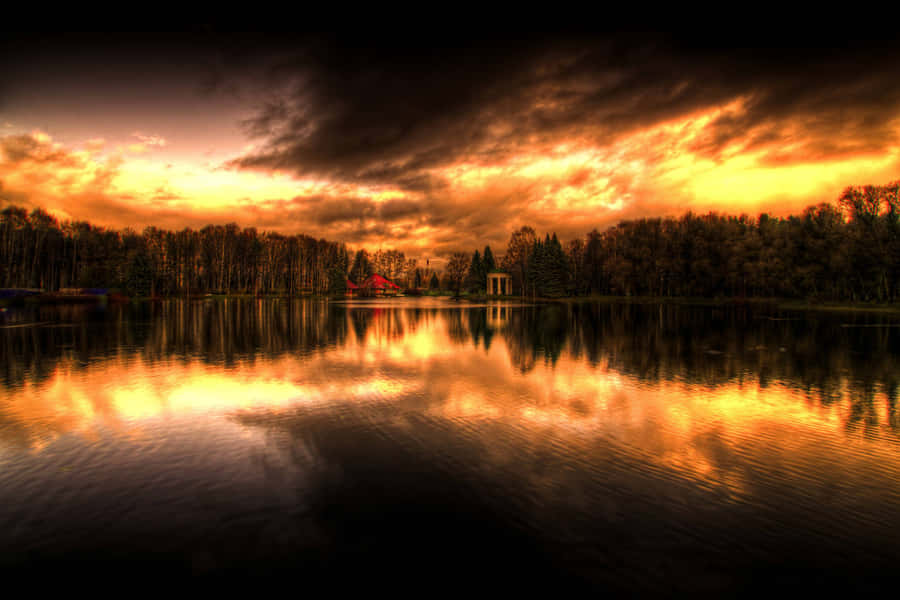 Scenic Desktop Fiery Sky Over Lake Wallpaper