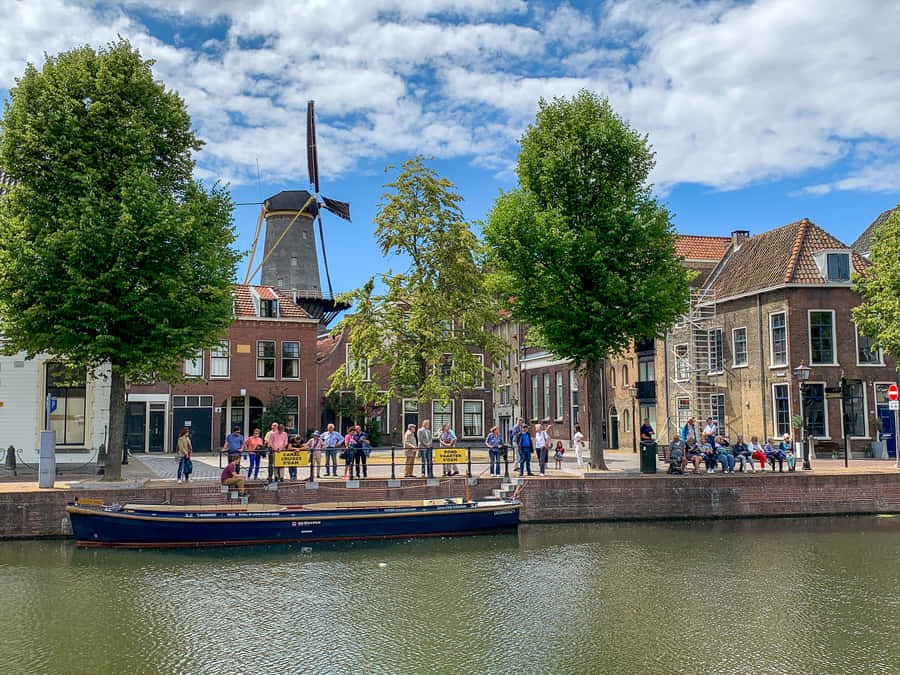 Schiedam Canal Viewwith Windmill Wallpaper