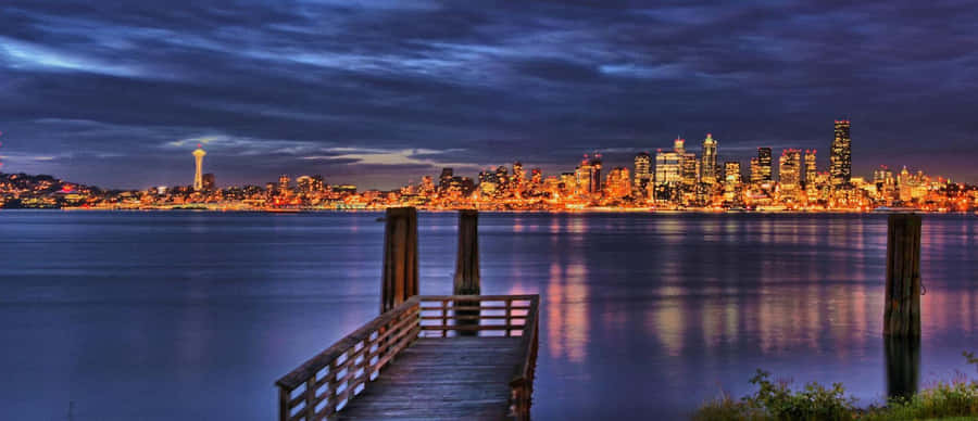Seattle At Night Wide View Wallpaper