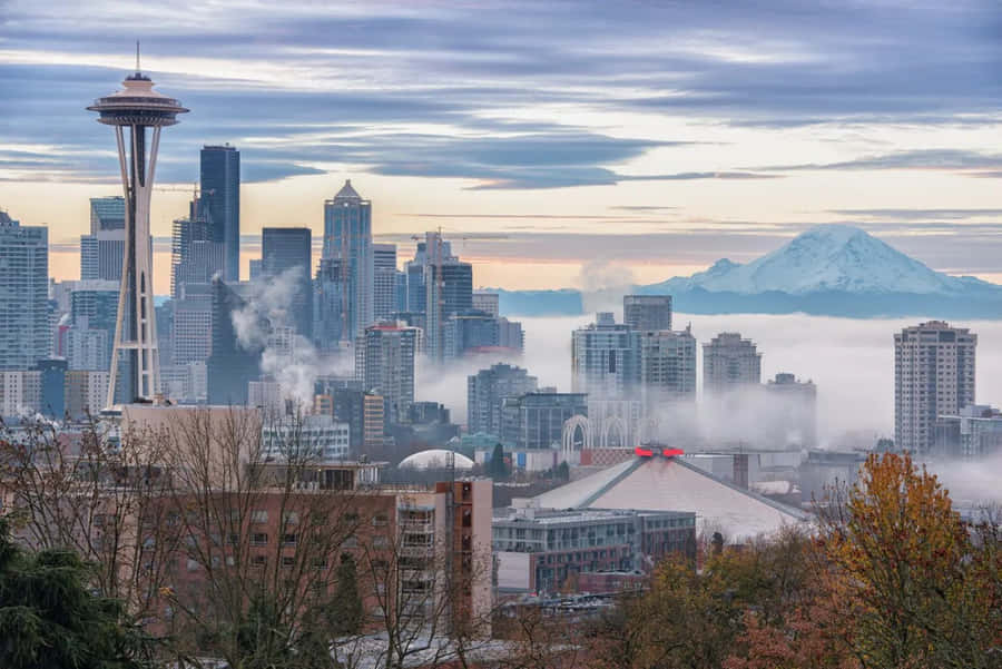 Seattle Skyline Misty Morning Mount Rainier Backdrop Wallpaper