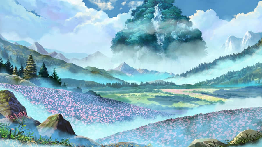 Serene Anime Mountain Landscape Wallpaper