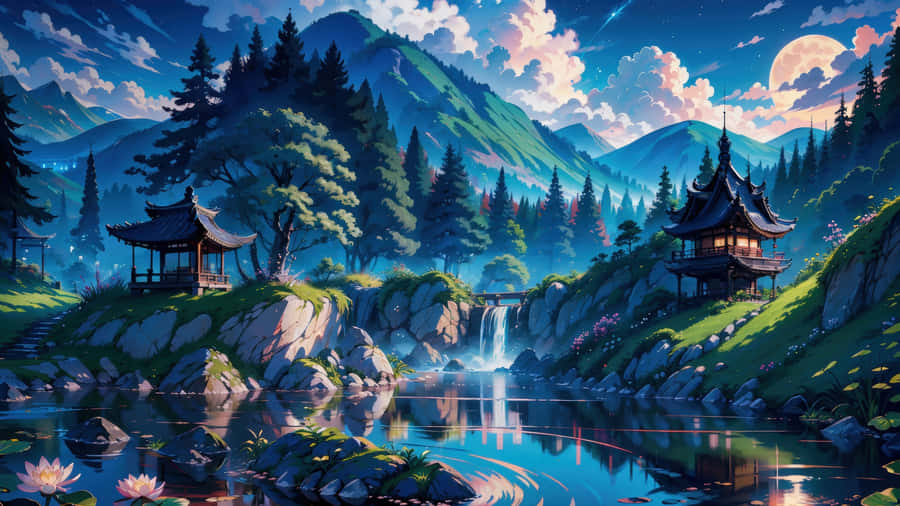 Serene Anime Mountain Landscape Wallpaper