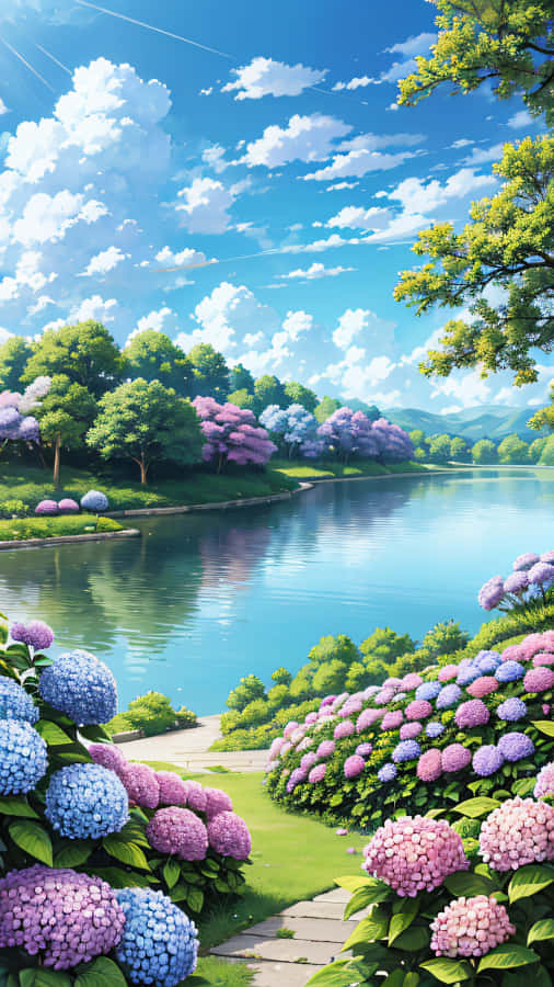 Serene_ Anime_ Riverside_ Garden Wallpaper