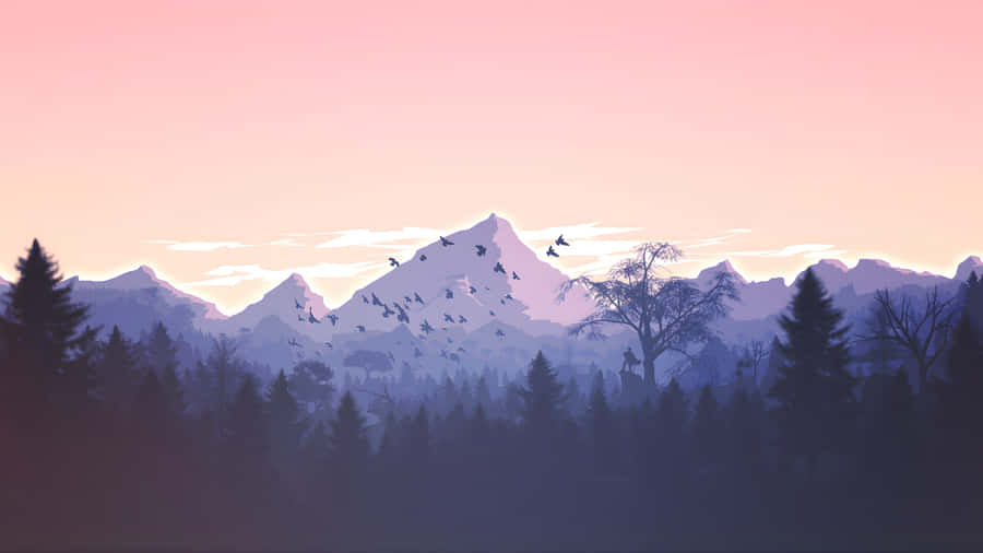 Serene Cartoon Mountain Landscape Wallpaper