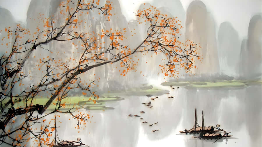 Serene Chinese Watercolor Landscape Wallpaper
