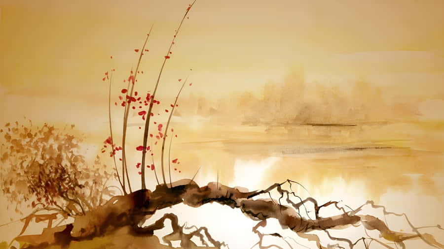 Serene Chinese Watercolor Landscape Wallpaper