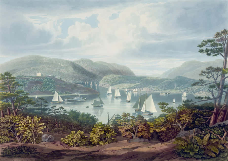 Serene River Valley Sailing Scene Wallpaper