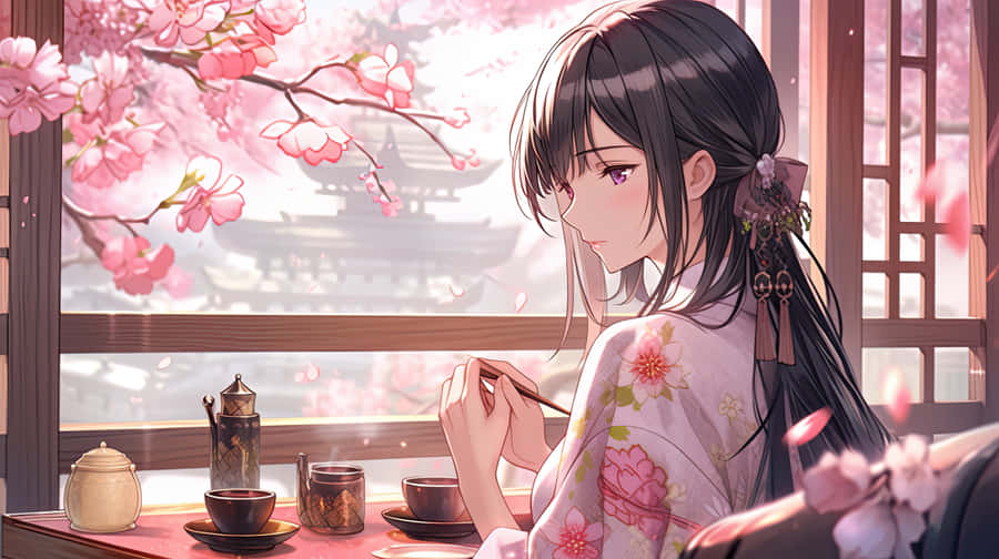 Serene Sakura Anime Girl Writing Wallpaper