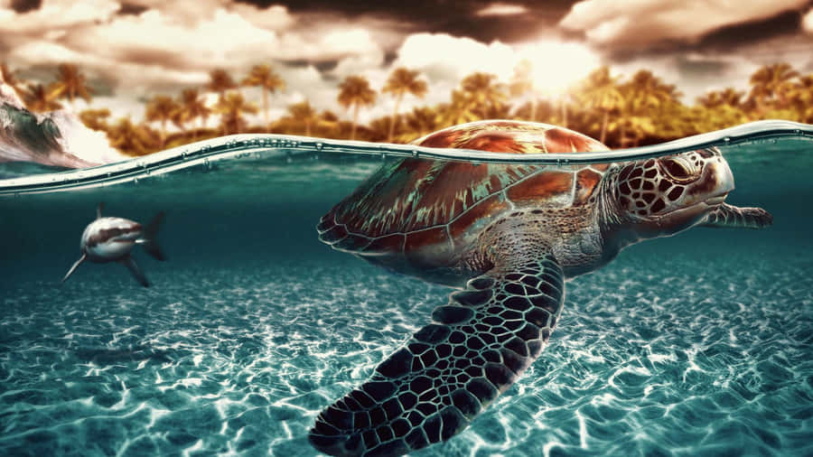 Serene Sea Turtle Sunset Wallpaper