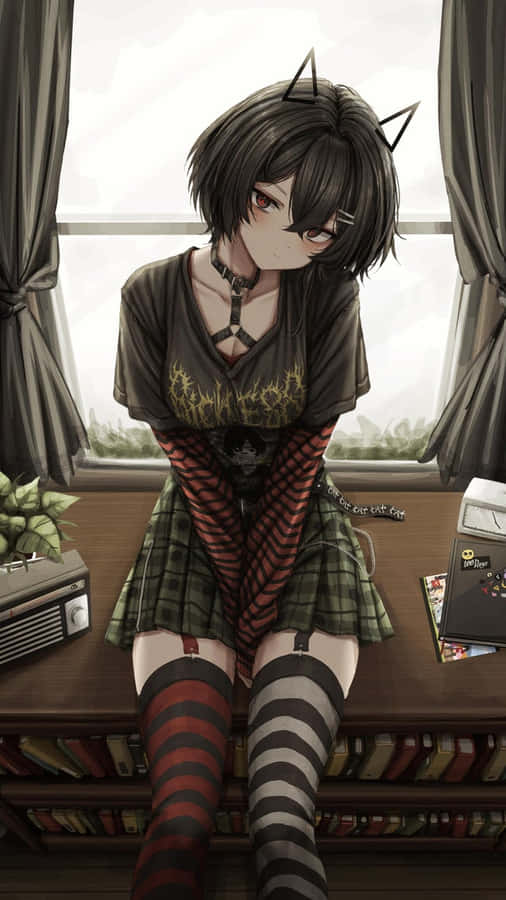 Short-haired Goth Anime Cat Girl Wallpaper