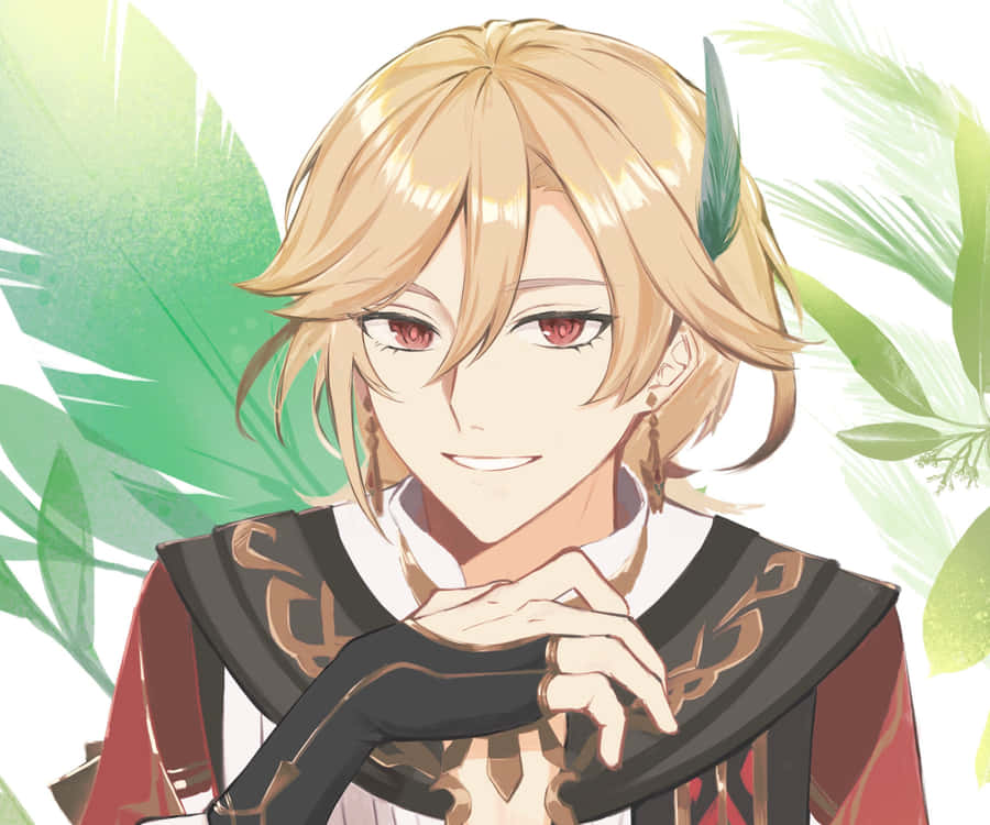 Smiling Anime Characterwith Green Feathers Wallpaper