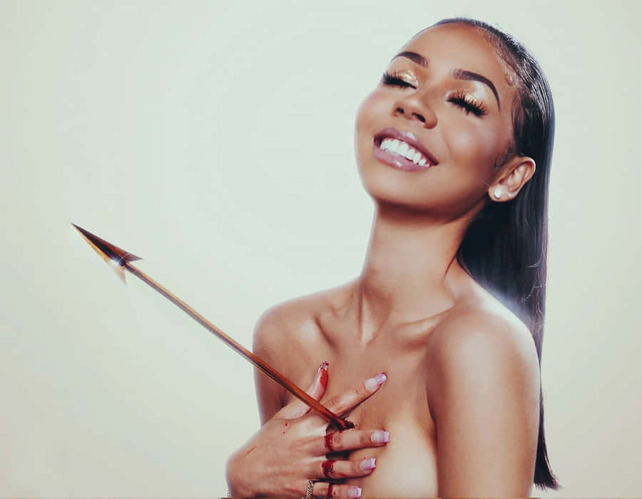 Smiling Woman Holding Arrow Wallpaper