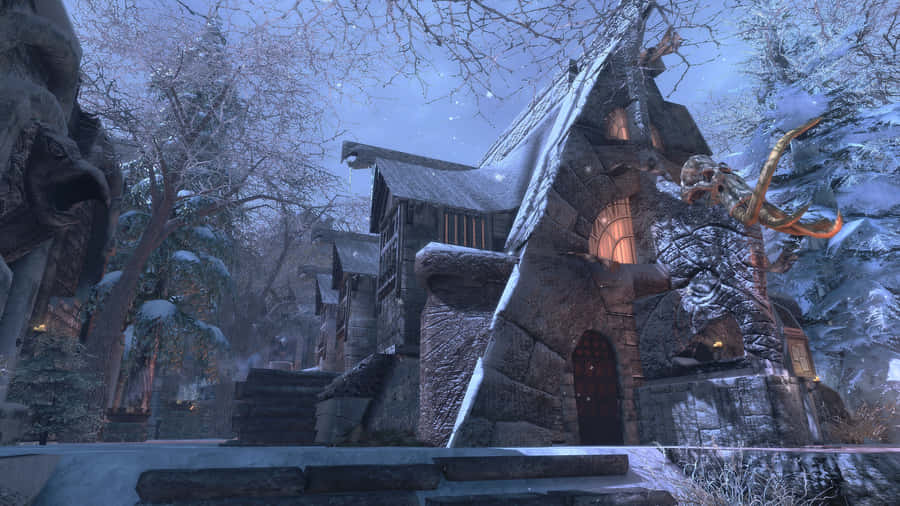 Snowfall In Windhelm - The Ancient City In Skyrim Wallpaper
