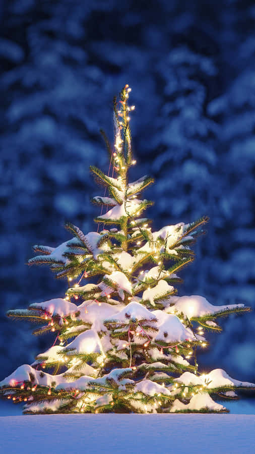 Snowy_ Christmas_ Tree_with_ Lights Wallpaper