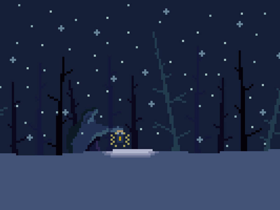 Snowy Night In Forest Aesthetic Pixel Art Wallpaper