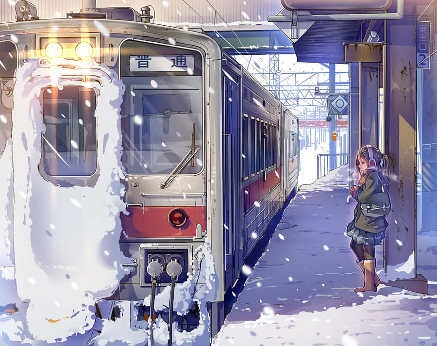 Snowy Train Station Arrival Anime Style Wallpaper