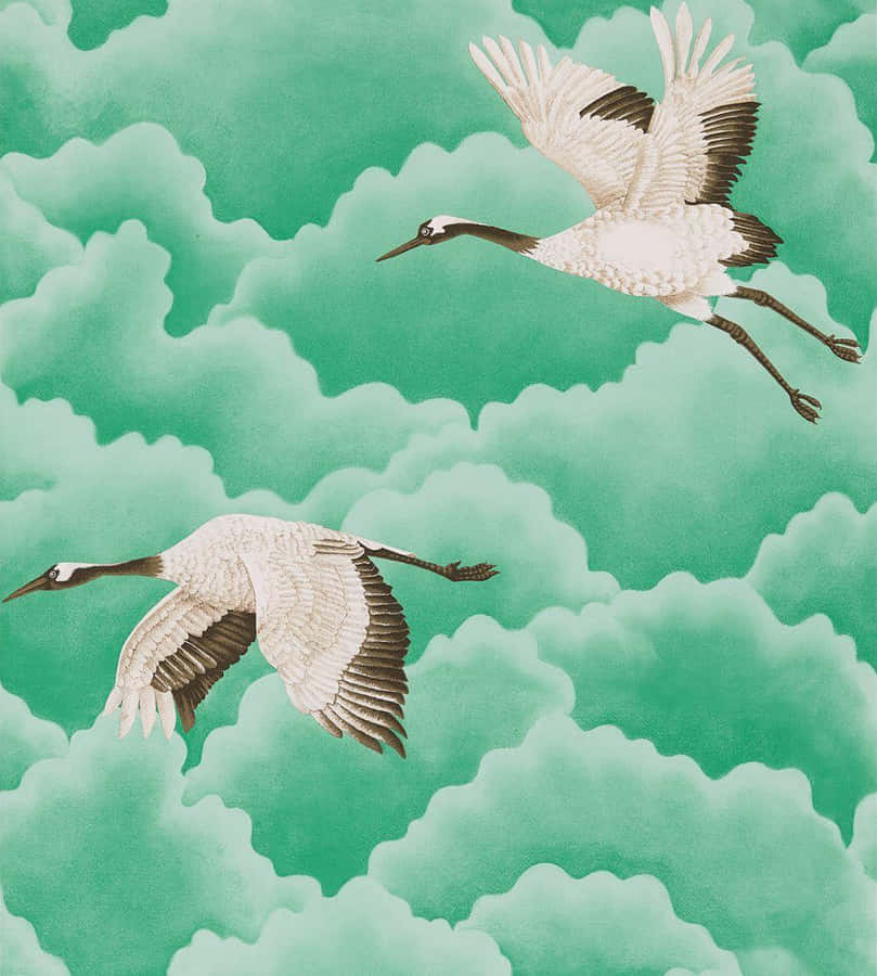 Soaring Cranes Cloudy Sky Wallpaper