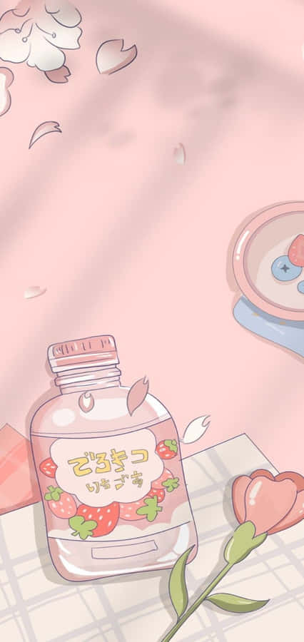 Soft Pink Aesthetic Bottleand Flowers Wallpaper