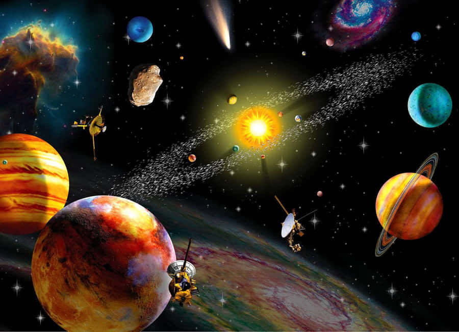 Solar System With Modern Satellites Wallpaper