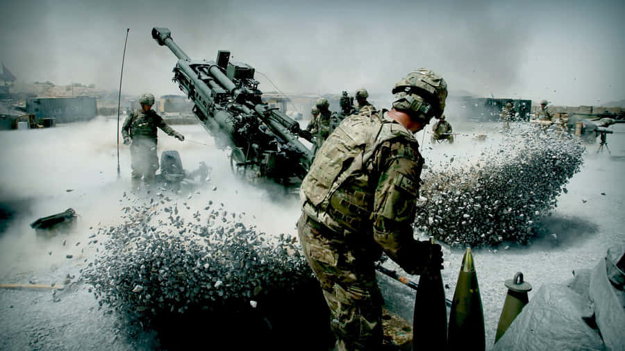 Soldiers Marching Through A Ruined City Post-world War Wallpaper