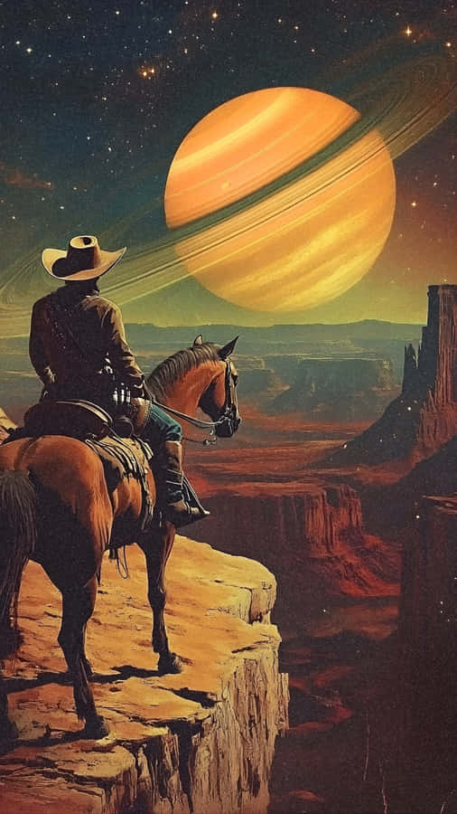 Space Cowboy Under Saturn Wallpaper