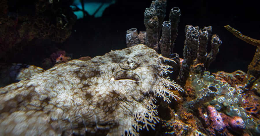 Spectacular View Of A Wobbegong Hiding Among The Coral Reef. Wallpaper