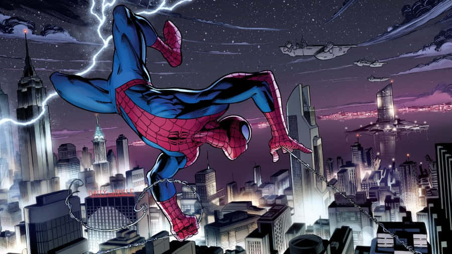 Spider Man Swinging Through N Y C Night Sky Wallpaper