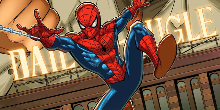 Spiderman Swinging By Daily Bugle Sign Wallpaper