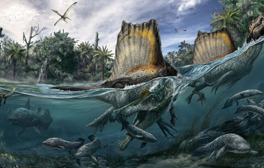 Spinosaurus Hunting Fish Wallpaper