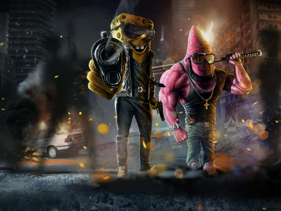 Spongebob And Patrick As Gangsters With Guns Wallpaper