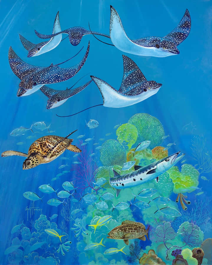 Spotted Eagle Rays Underwater Artwork Wallpaper