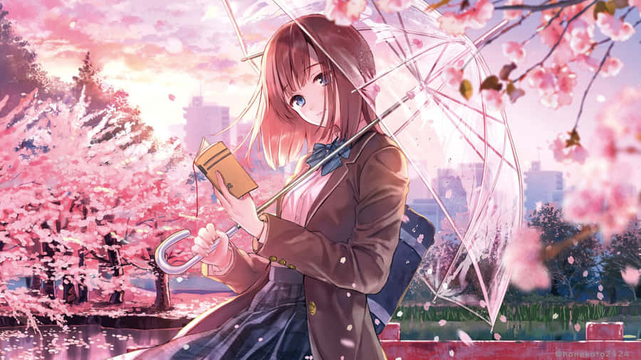 Spring Anime Cherry Blossom Scene Wallpaper