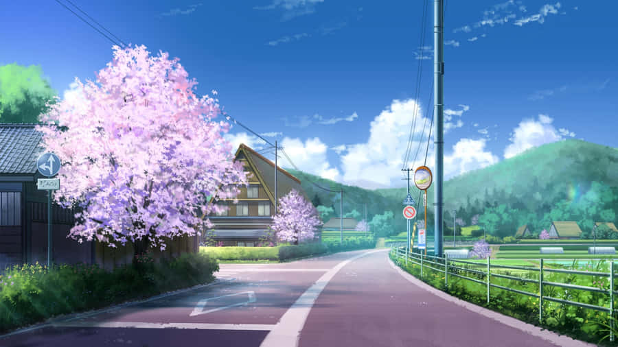 Spring Anime Scenic Road Wallpaper