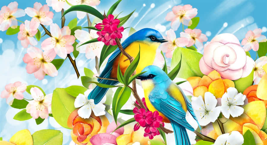Spring Birds Chirping On Blossoming Branch Wallpaper