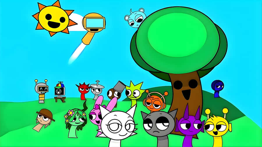 Sprunki Characters And Sunny Landscape Wallpaper