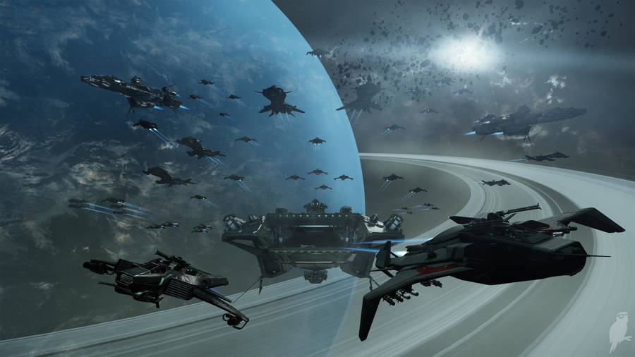 Star Citizen Spaceships Orbiting Saturn Wallpaper