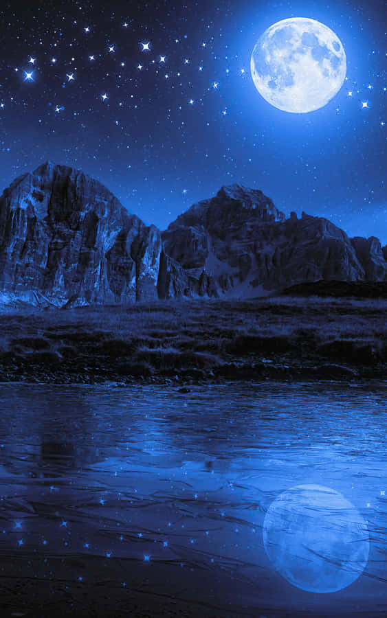 Starry Night Blue Moon Reflection Wallpaper