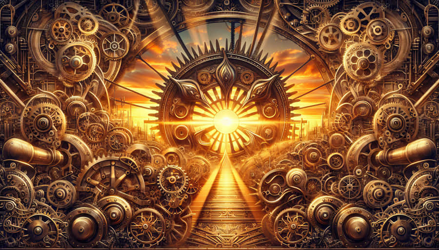 Steampunk Gears Sunset Landscape Wallpaper