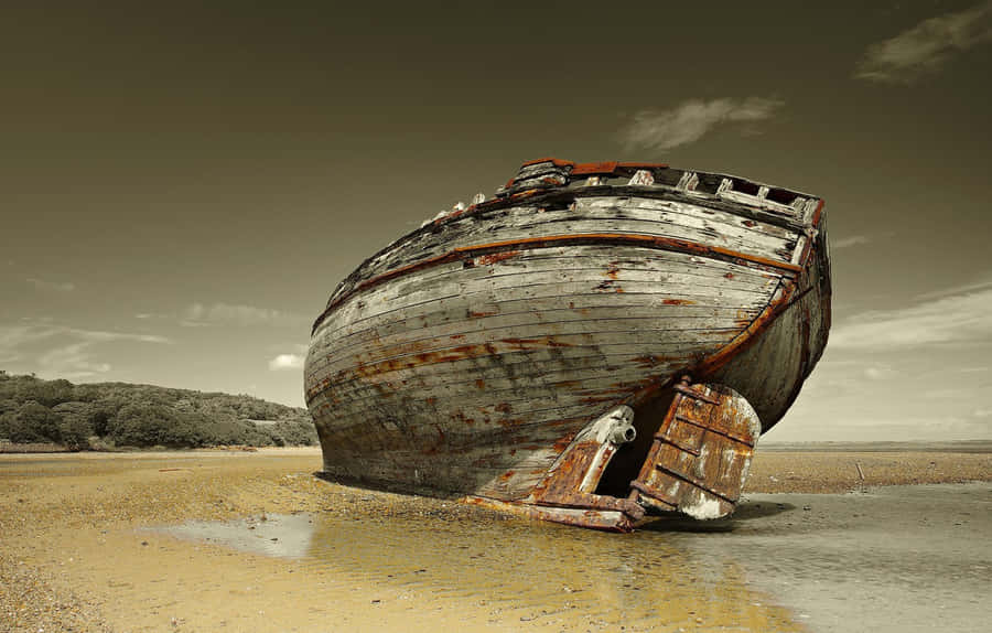 Stranded Wooden Ship Wallpaper
