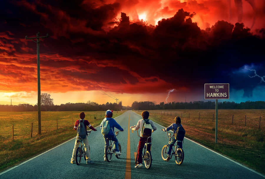 Stranger Things Bikers Under Stormy Sky Wallpaper