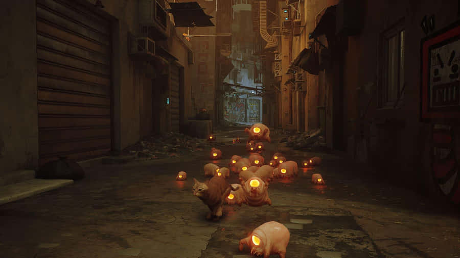 Stray Game Cat Amidst Robotic Companions Wallpaper