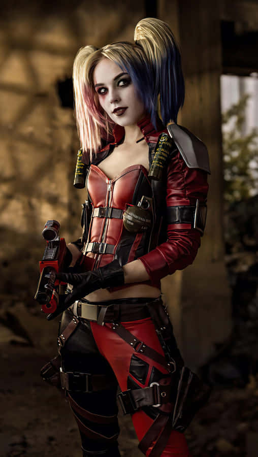 Striking Harley Quinn Cosplay Showcasing Iconic Look Wallpaper