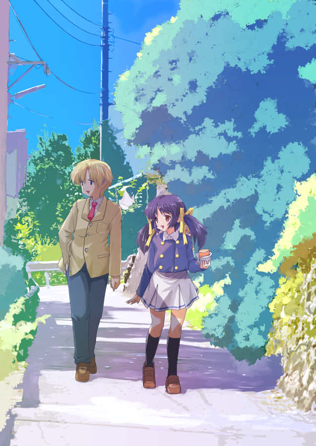 Stroll Through Sunlit Path Anime Characters Wallpaper
