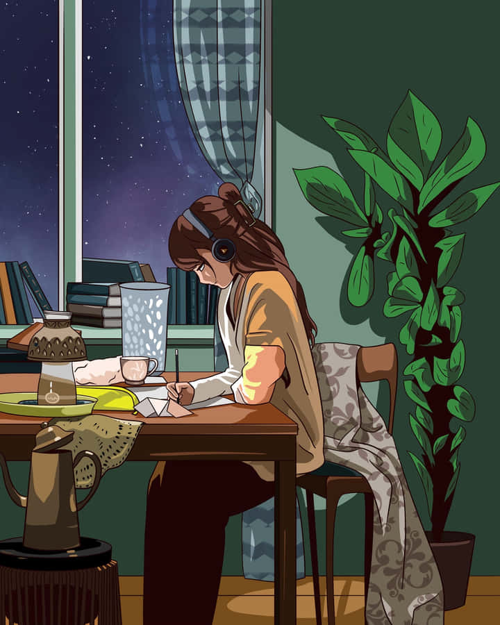 Studious Lofi Girl Nighttime Wallpaper