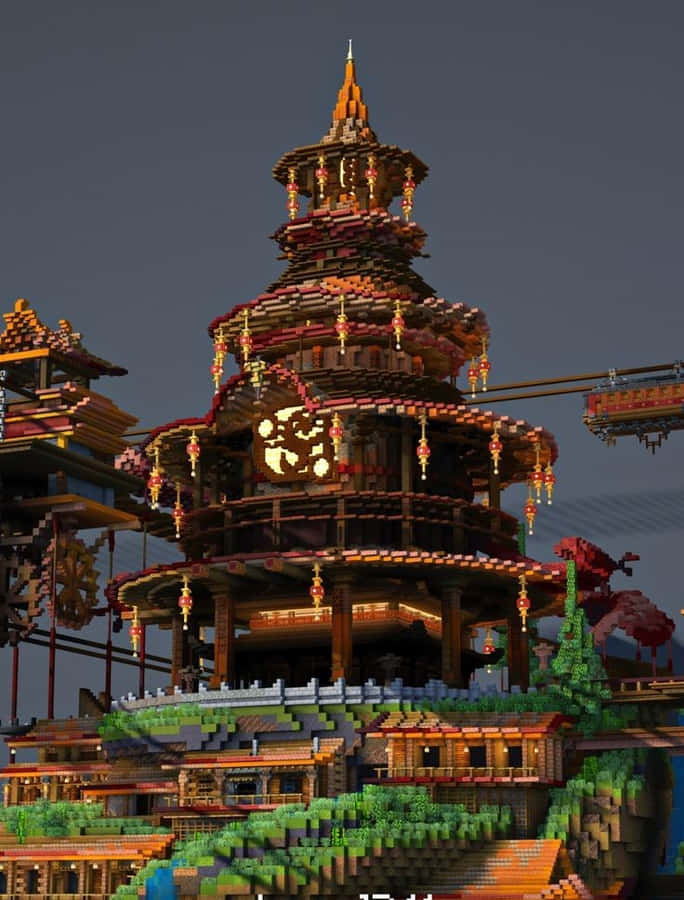 Stunning Minecraft Castle With A Majestic Bridge And Waterfall Wallpaper